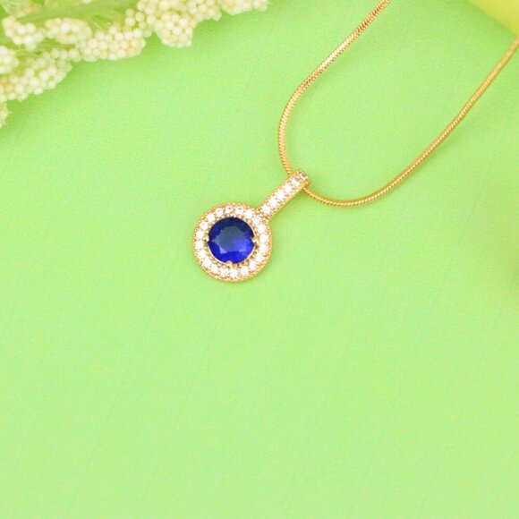 "Gold Plated Blue Round Pendant with Crystal Halo for Women, XPPT1739 - Picture 2 of 13
